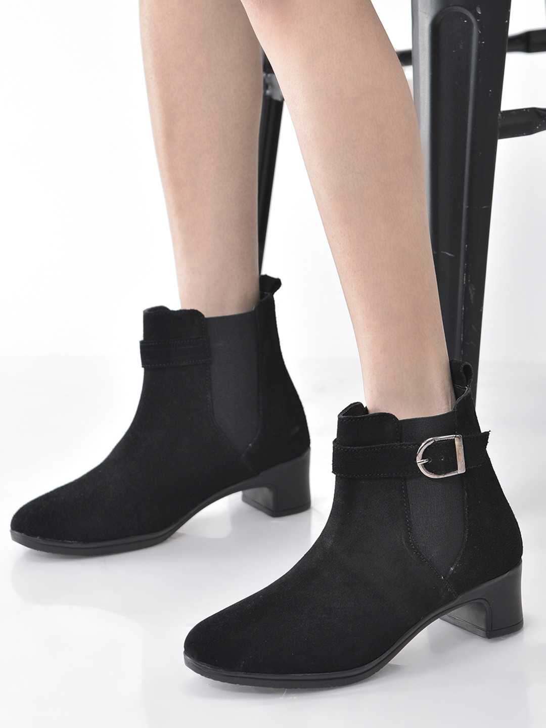 FAUSTO Women Block-Heeled Mid-Top Chelsea Boots