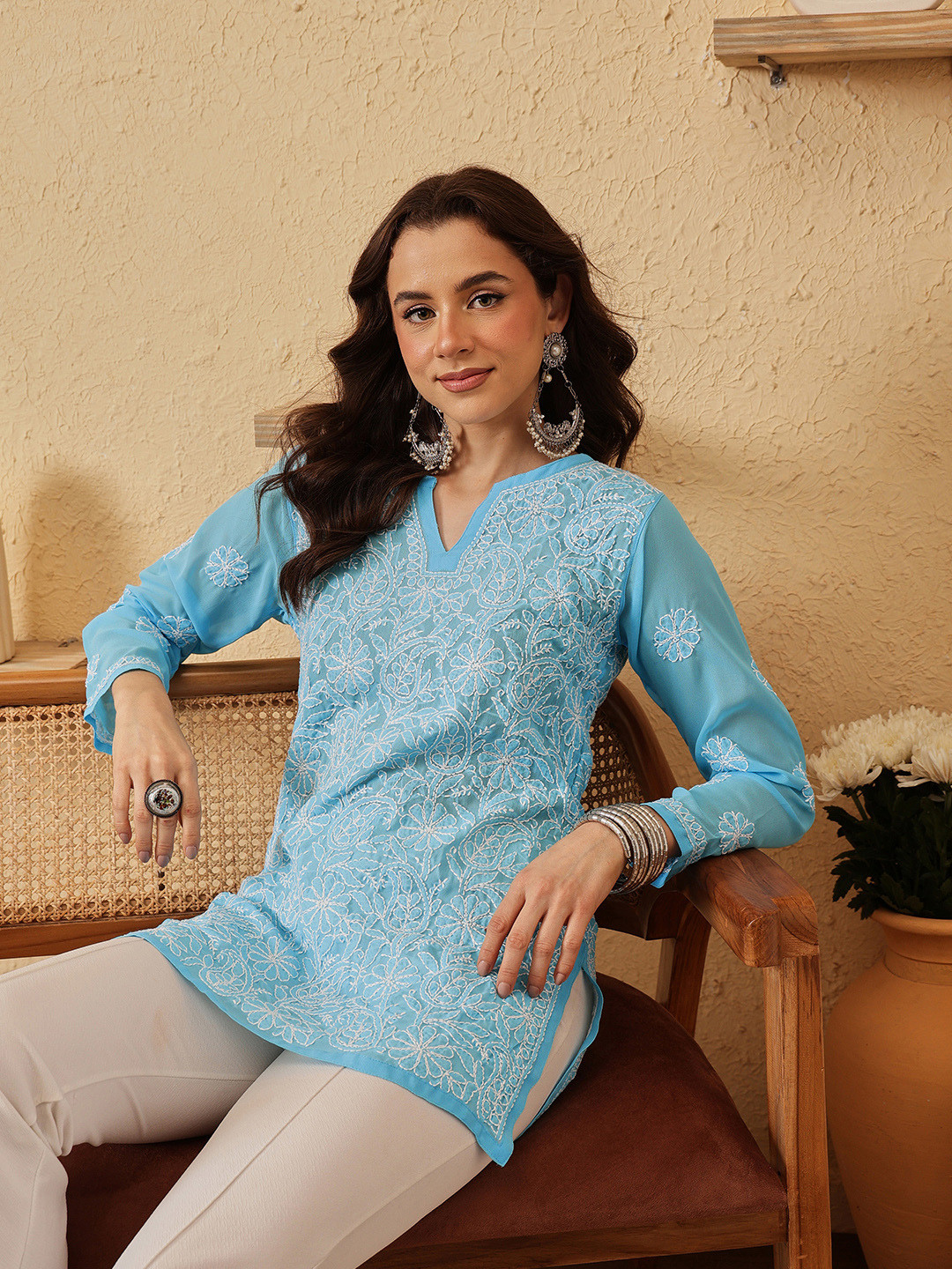 ADA Turquoise Blue & White Ethnic Motifs Embroidered Plus Size Chikankari Kurti
