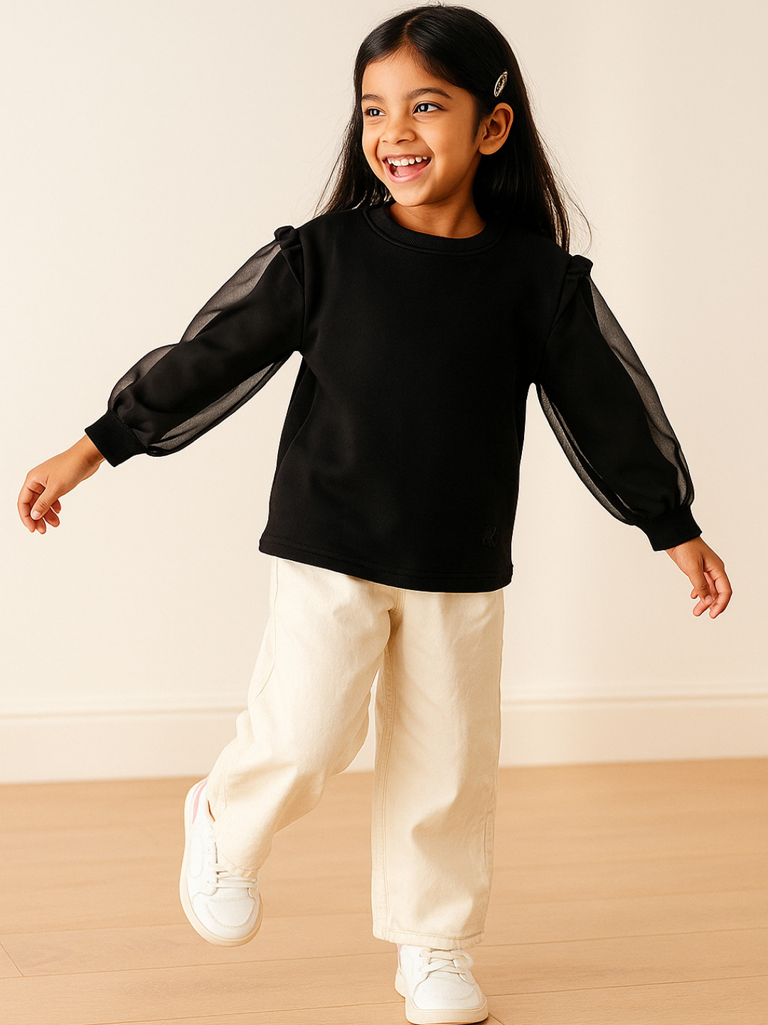 TALES & STORIES Girls Black Solid Pure Cotton Long Sleeves Sweatshirt