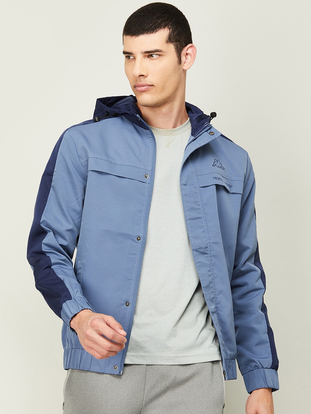 

Kappa Men Blue Colourblocked Hooded Open Front Jacket