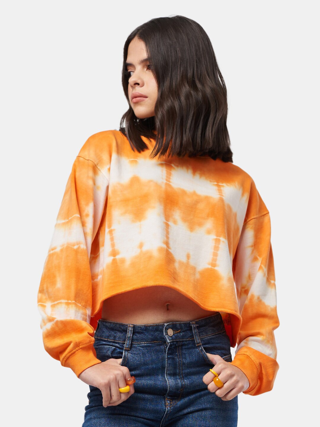 

The Souled Store Women Tie Dye Cotton Loose Fit Crop Oversized Sweatshirt, Orange
