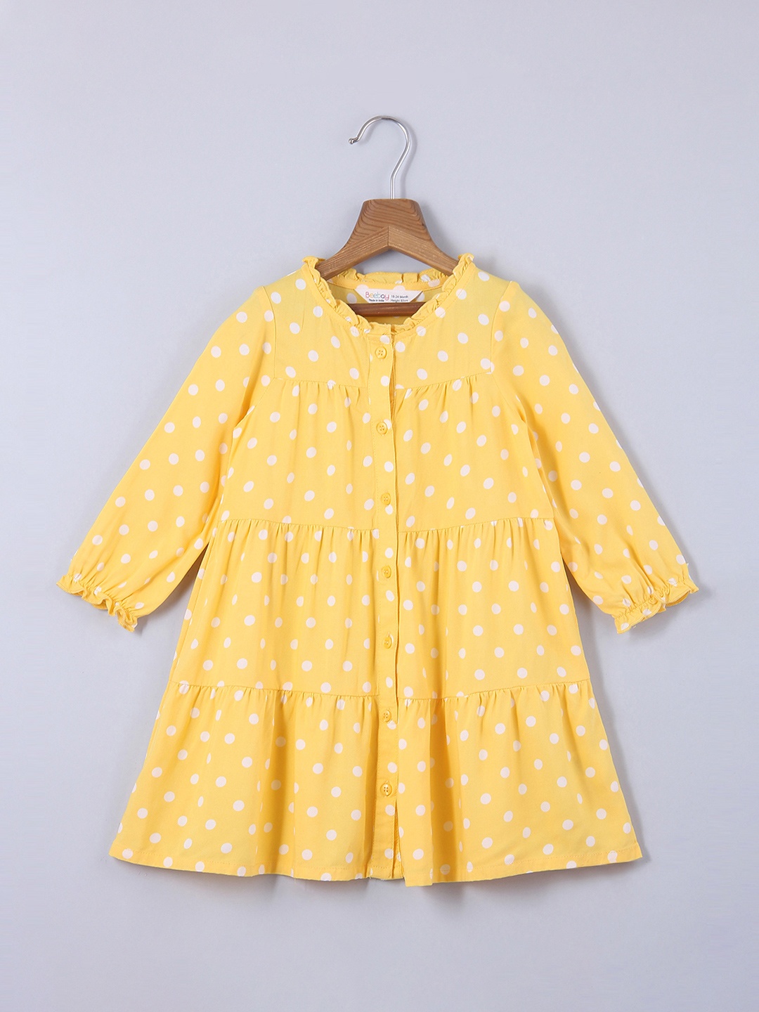

Beebay Girls Yellow & White Polka Dots Printed Tiered A-Line Dress