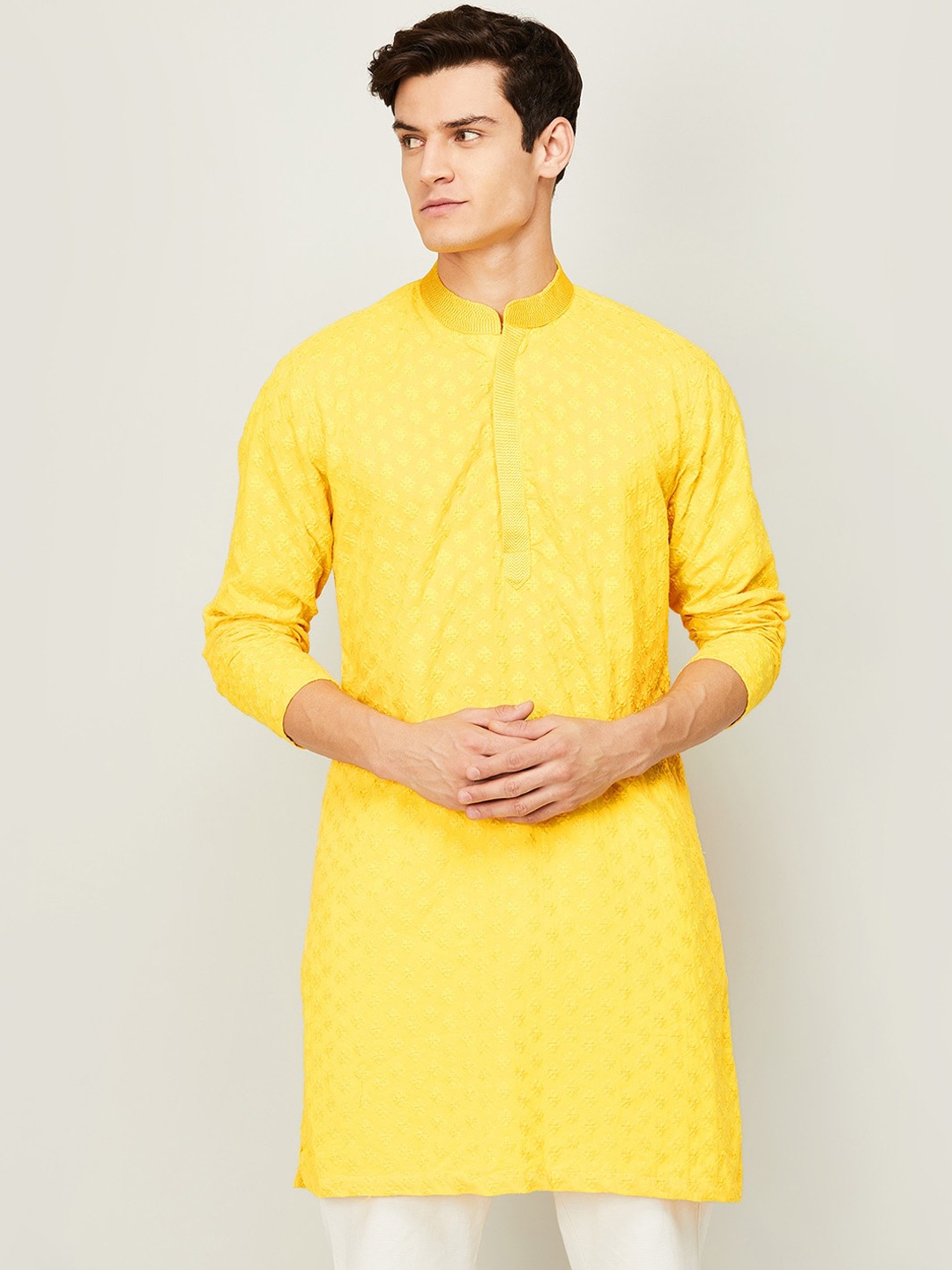

Melange by Lifestyle Men Yellow Floral Chikankari Kurta