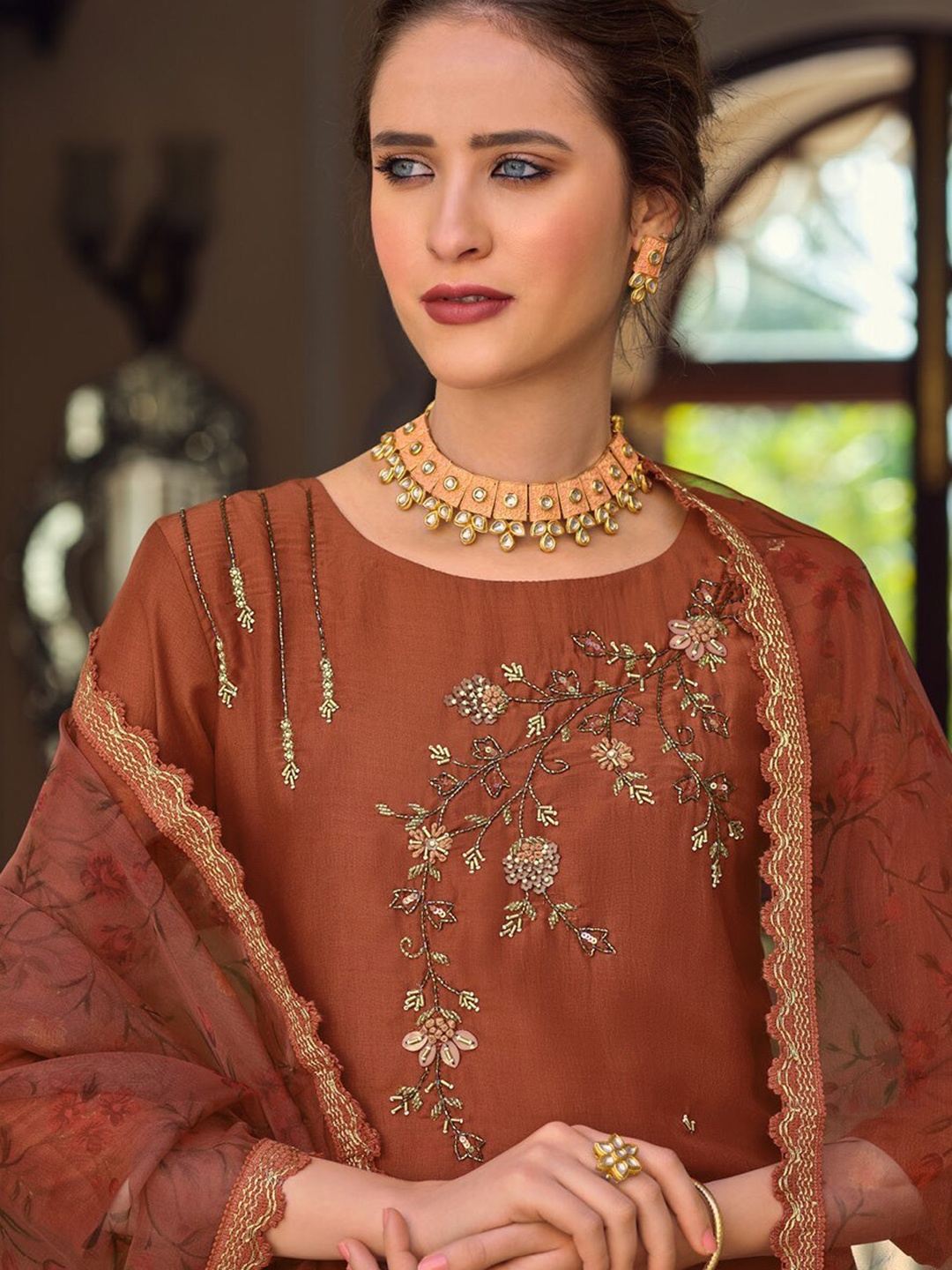 

AUTUMN LANE Women Brown Embroidered Beads and Stones Kurti with Trousers & With Dupatta