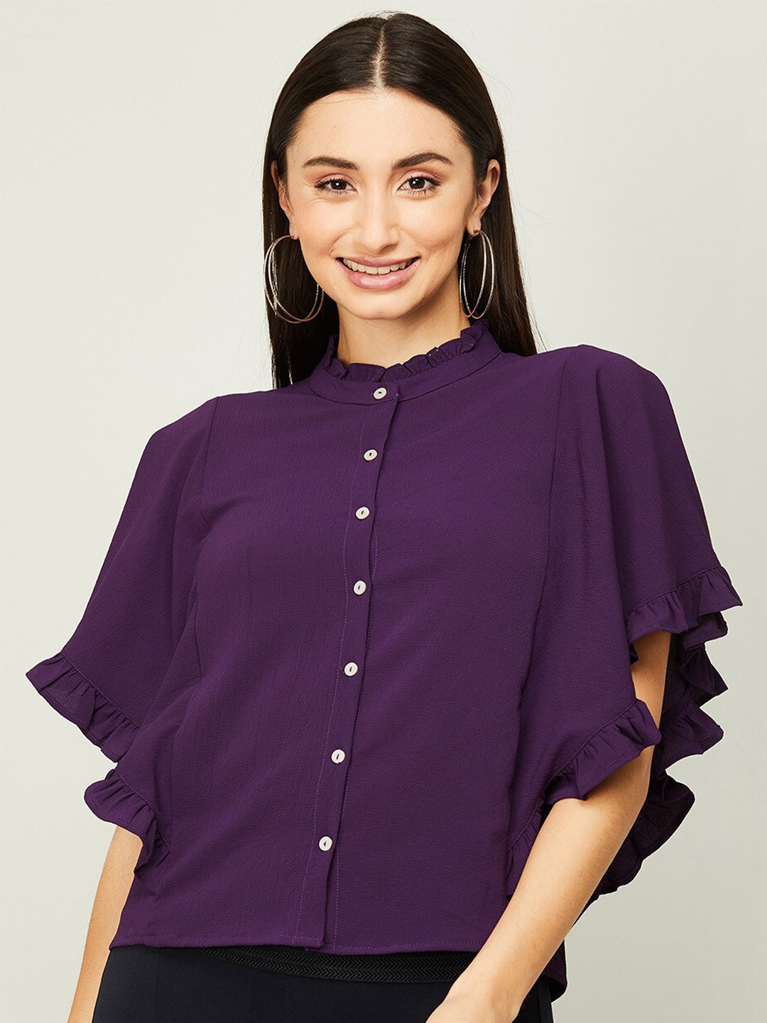 

Fame Forever by Lifestyle Purple Mandarin Collar Shirt Style Top