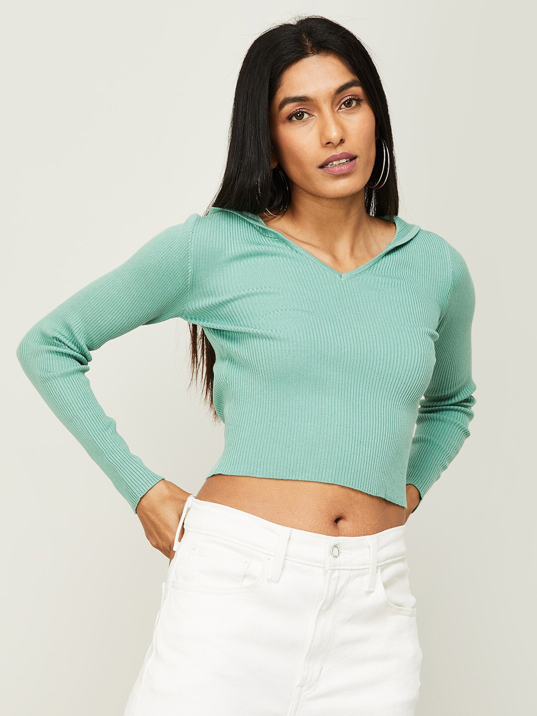 

Ginger by Lifestyle Women Green Striped Crop Top