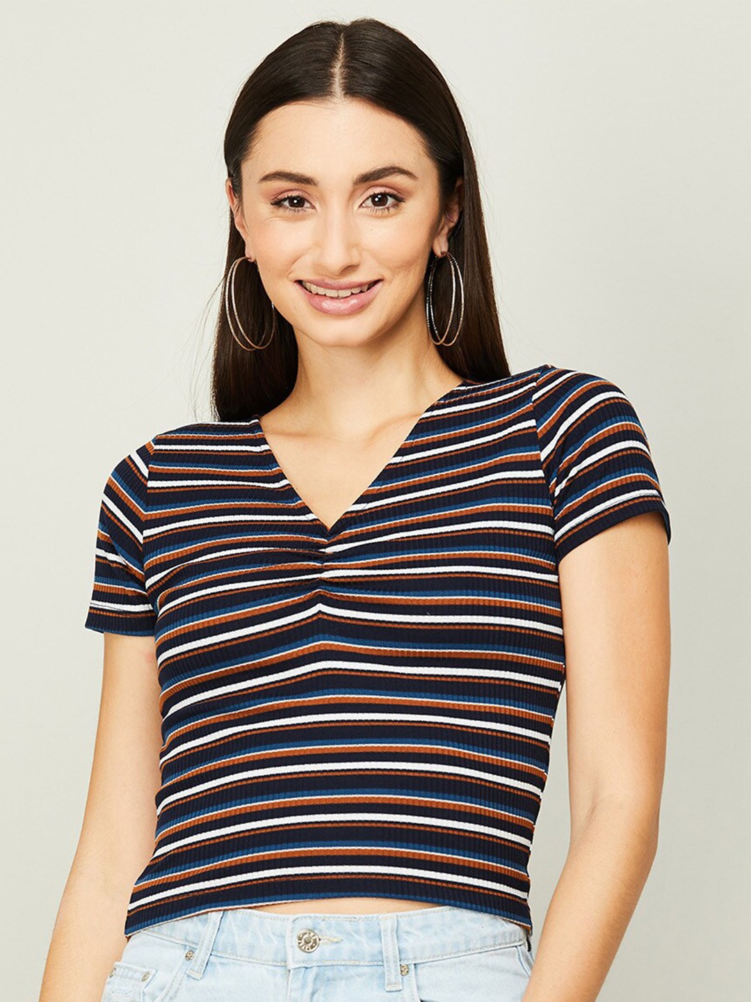 

Ginger by Lifestyle Women Navy Blue & Maroon Striped Crop Top
