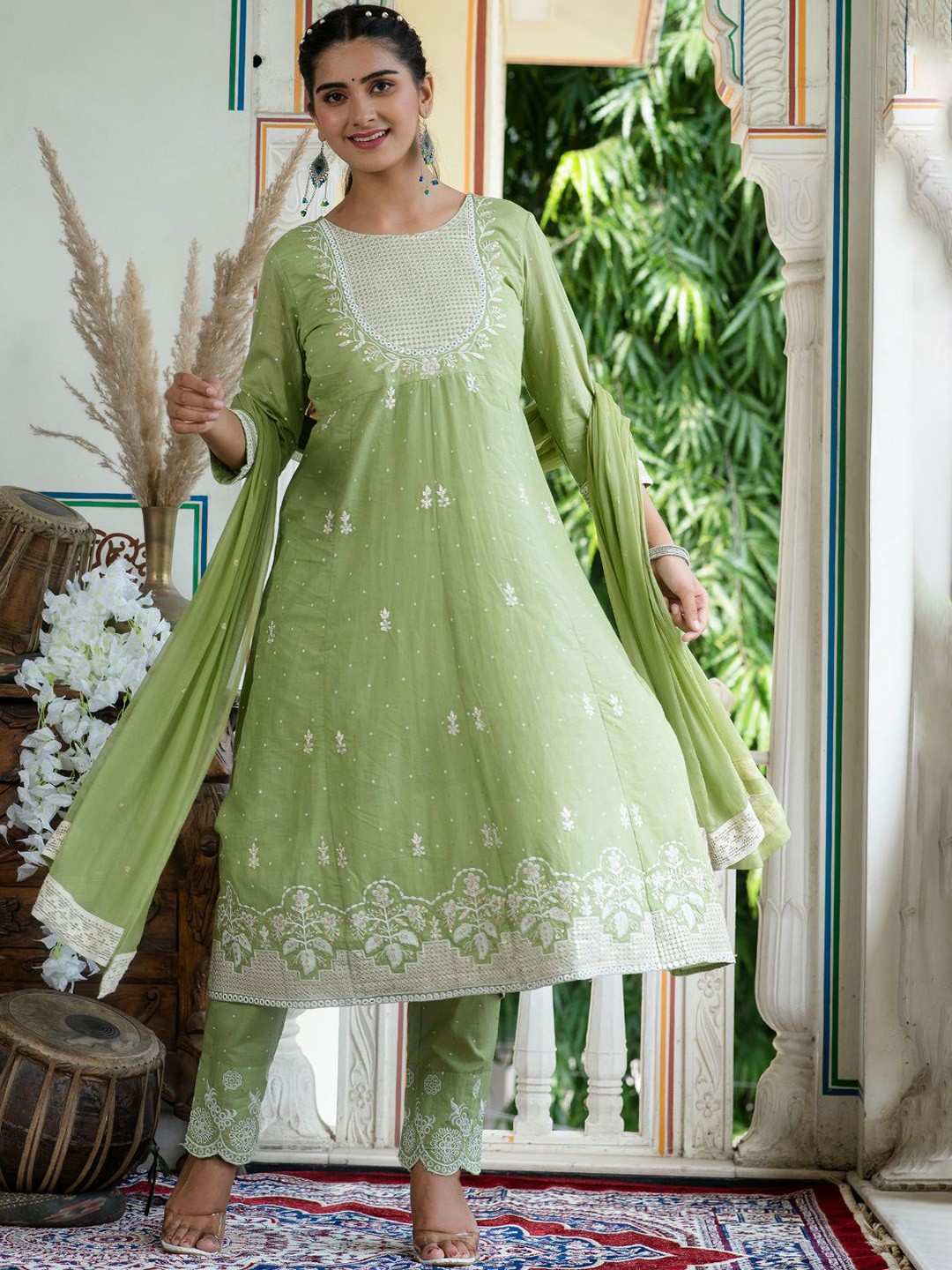 

Kesarya Women Green Ethnic Motifs Embroidered Sequinned Pure Cotton Kurta with Trousers & With Dupatta