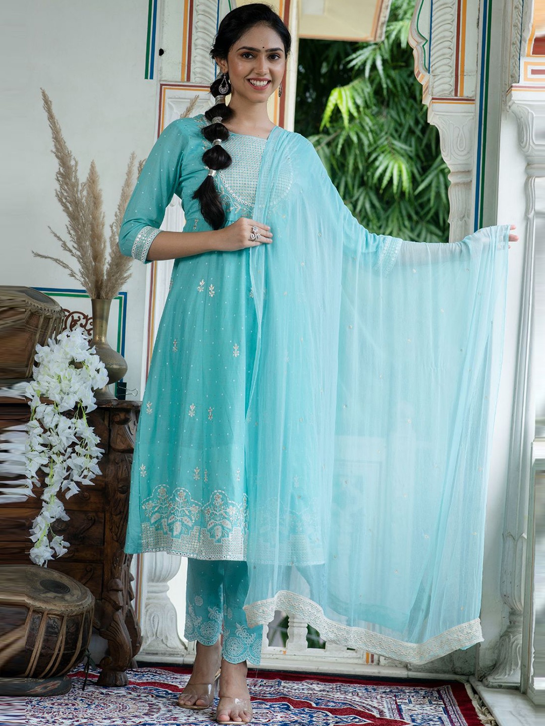 

Kesarya Women Blue Ethnic Motifs Embroidered Empire Sequinned Pure Cotton Kurta with Trousers & With Dupatta