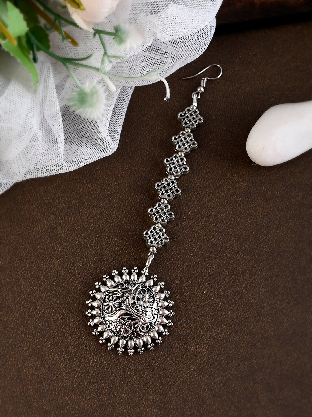 

Shoshaa Oxidized Silver-Plated Floral-Charm Maang Tikka