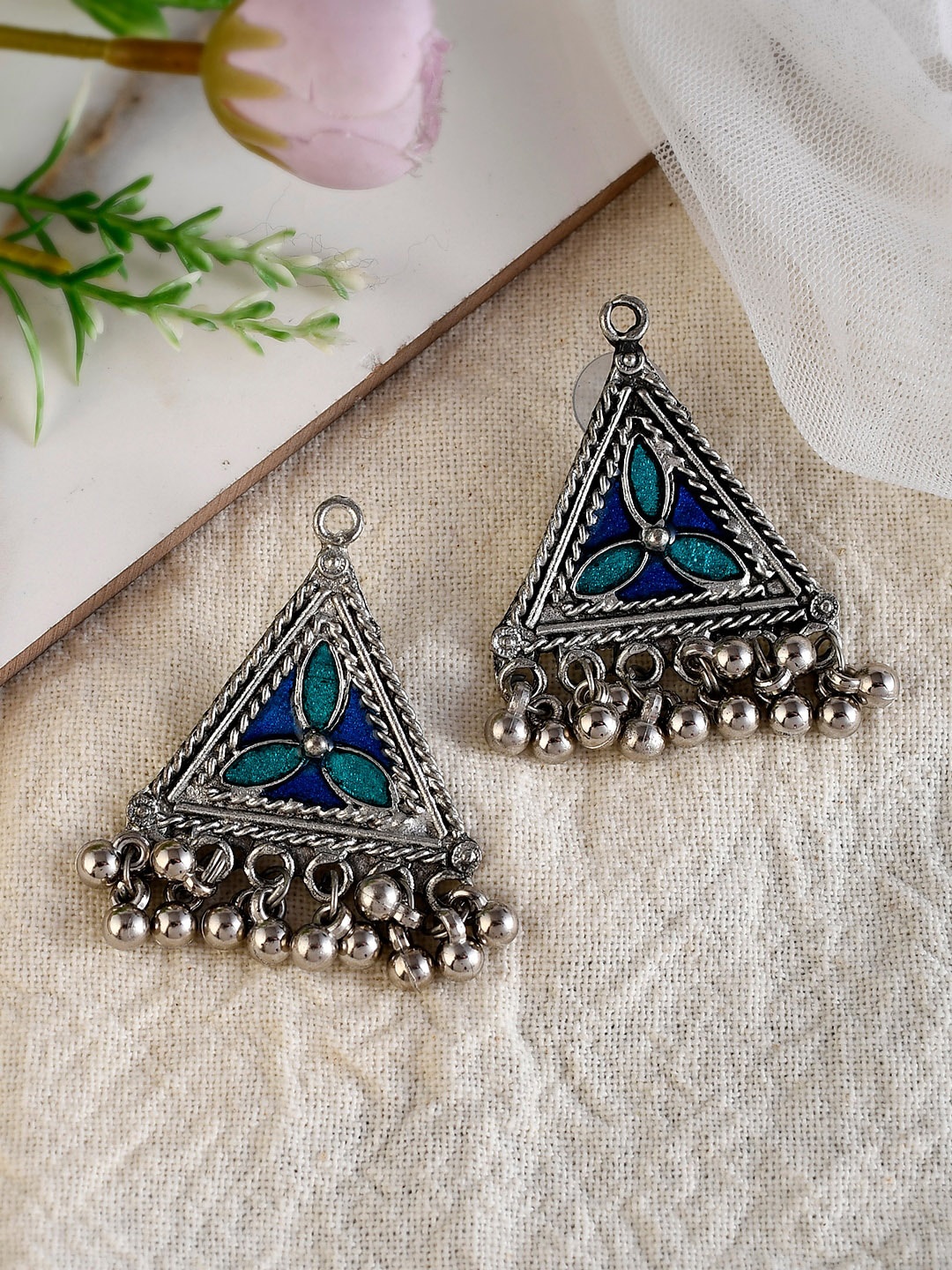 

Shoshaa Silver-Plated & Blue Oxidised Geometric Drop Earrings