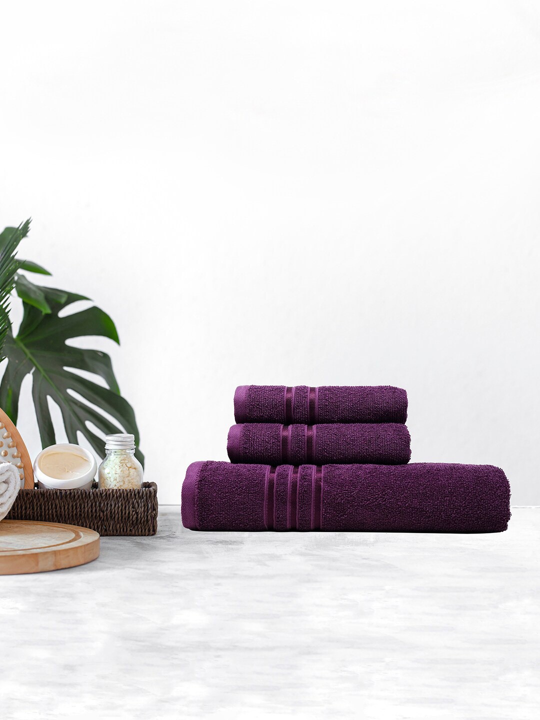 

MYTRIDENT Set of 3 Purple Solid Pure Cotton 380 GSM Towel Set