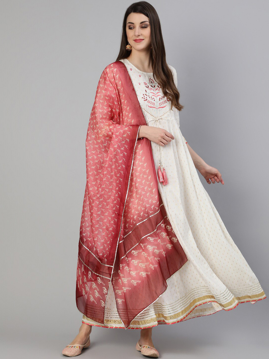 

Jaipur Kurti Women White Ethnic Motifs Printed Anarkali Kurta With Dupatta