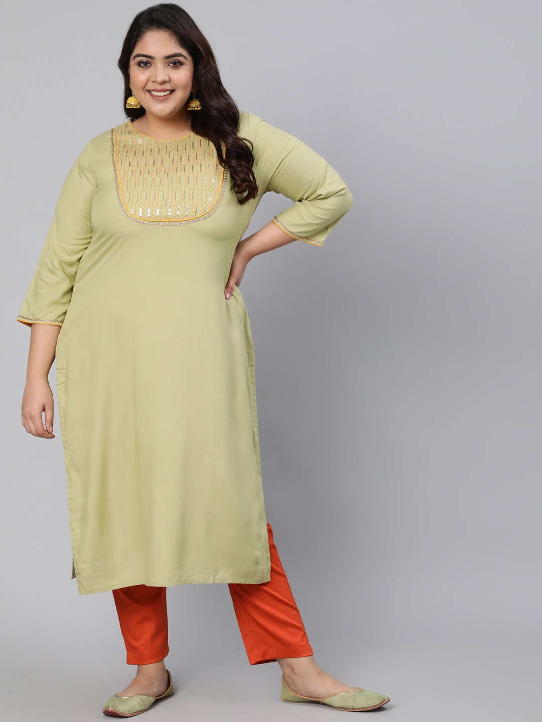 

Jaipur Kurti Women Plus Size Green Yoke Design Thread Work Straight Kurta