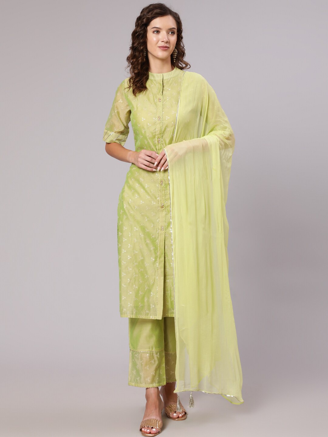 

Jaipur Kurti Women Green Ethnic Motifs Printed Chanderi Cotton Kurta Trousers & Dupatta