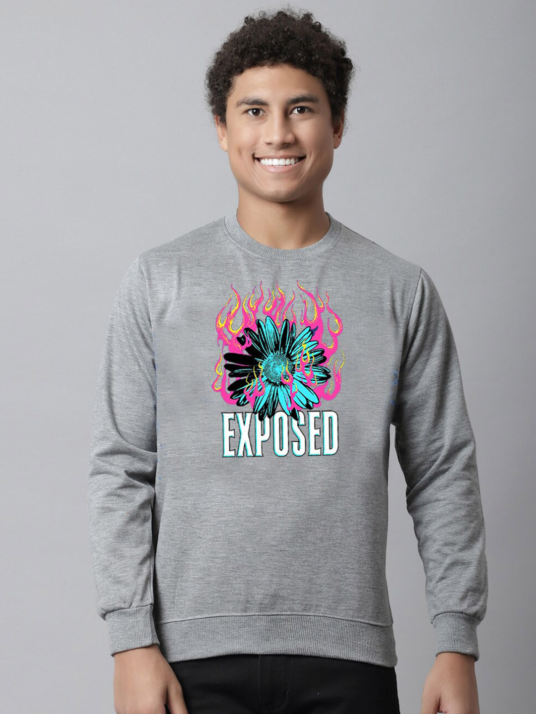 

Obaan Men Grey Printed Long Sleeves Fleece Sweatshirt