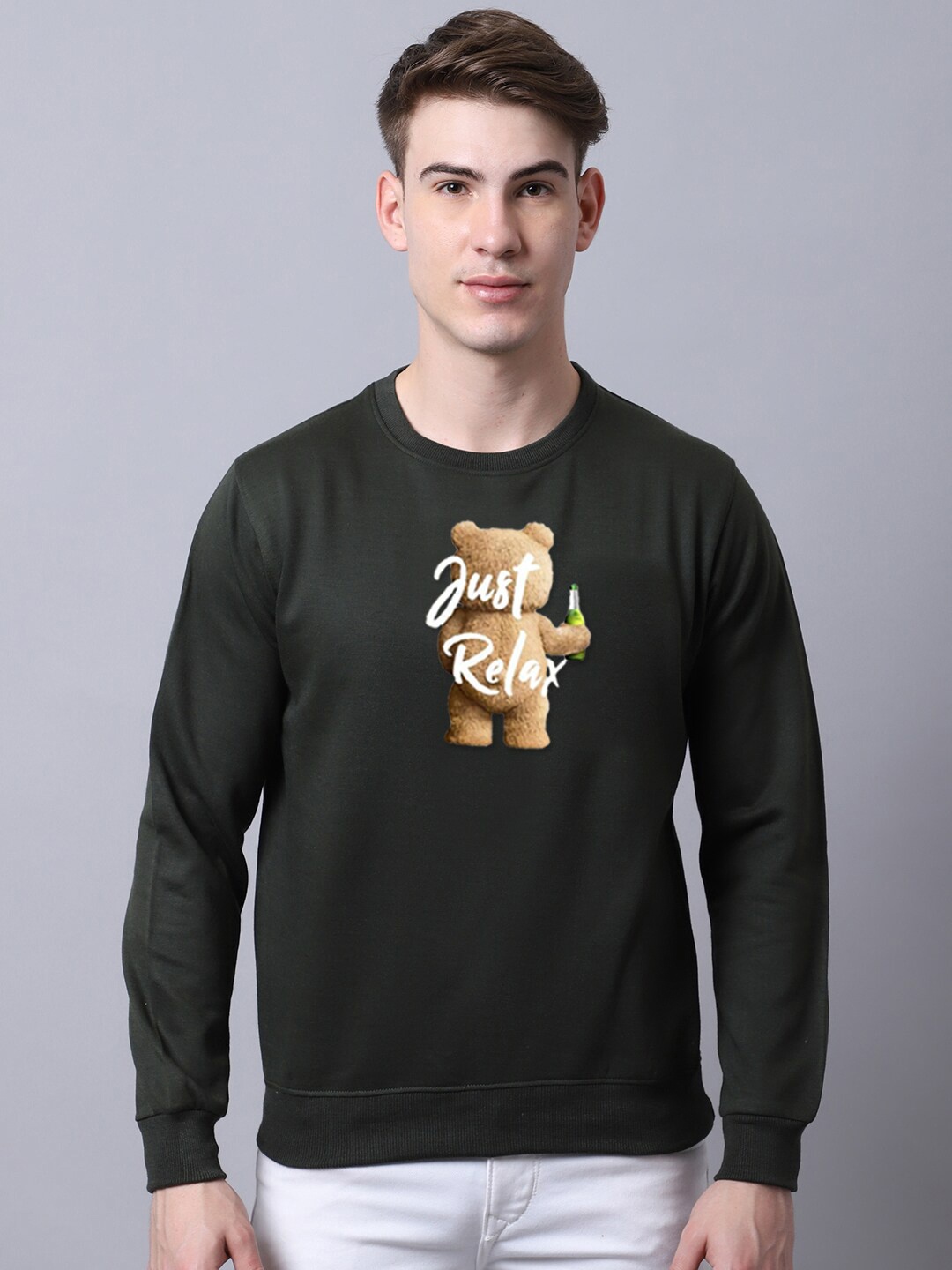 

Obaan Men Olive Green Printed Long Sleeves Fleece Sweatshirt