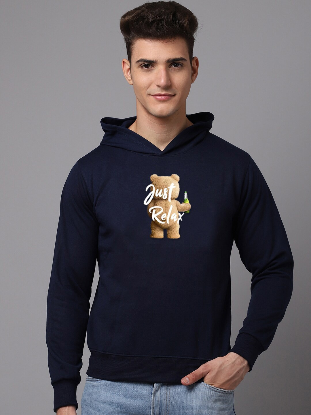 

Obaan Men Navy Blue Printed Hooded Sweatshirt