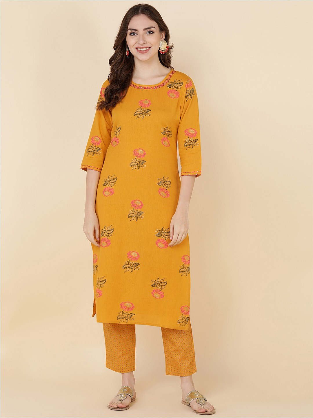 

HERE&NOW Women Yellow Floral Printed Kurta with Trouser set