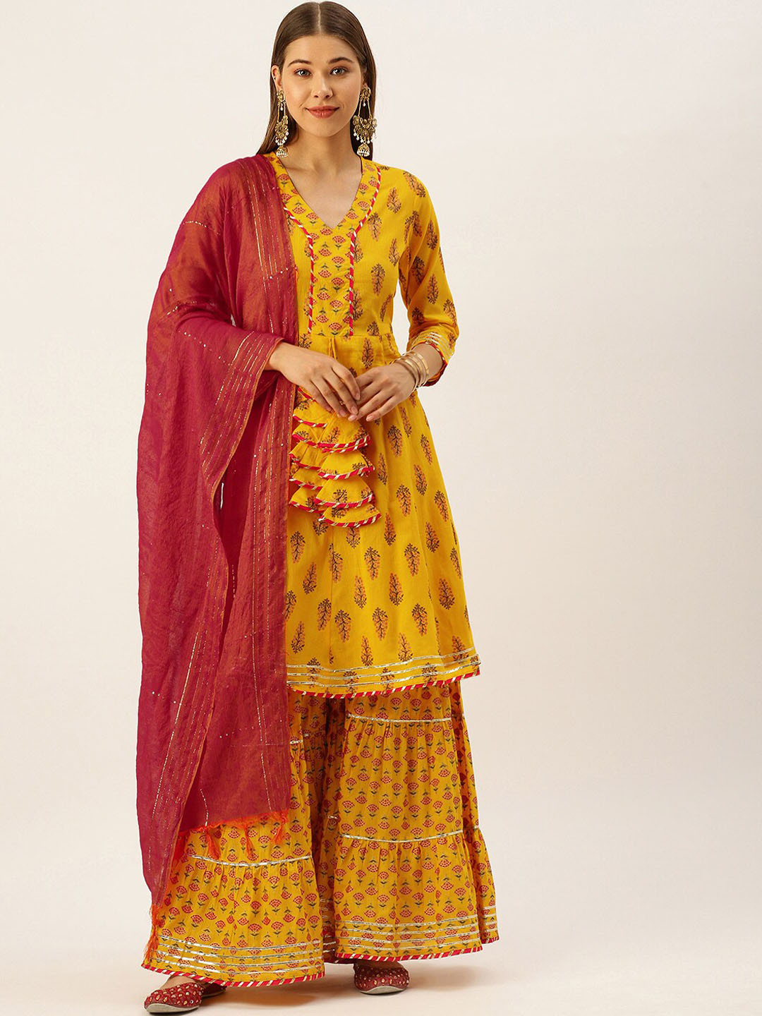 

HERE&NOW Women Yellow Ethnic Motifs Printed Pleated Kurta with Sharara & Dupatta