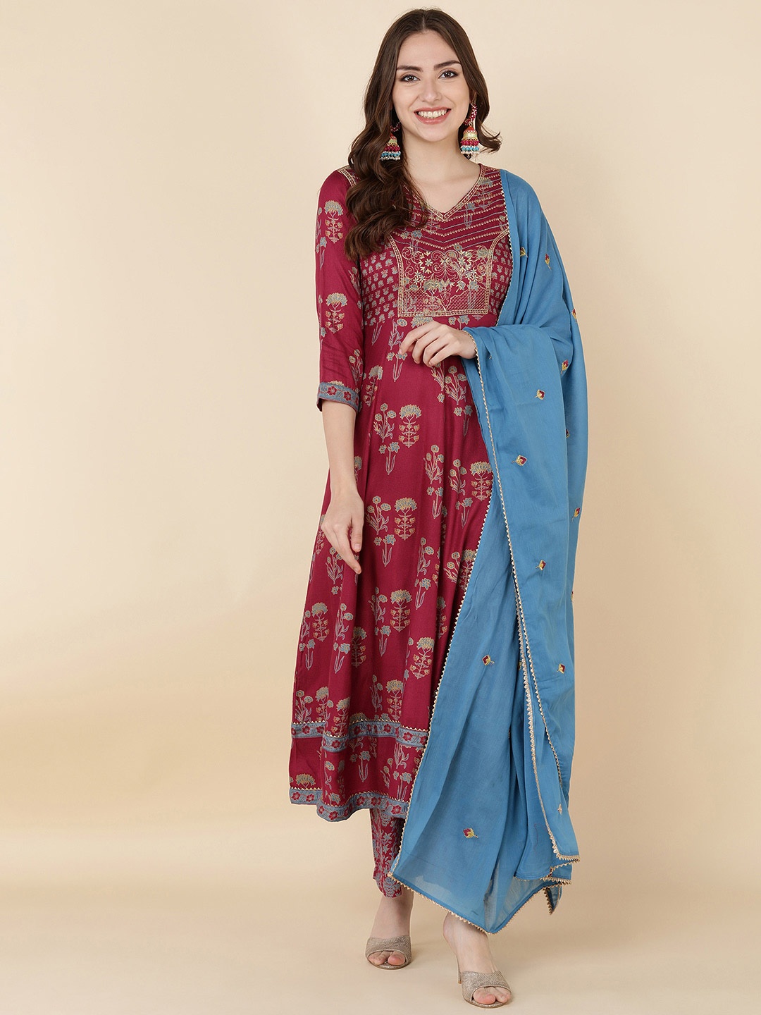 

HERE&NOW Women Maroon Floral Embroidered Kurta with Trousers & With Dupatta