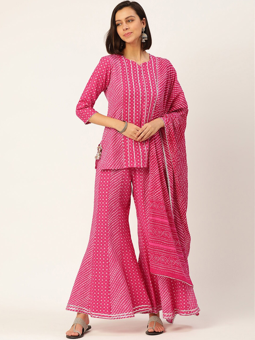 

HERE&NOW Women Pink Leheriya Printed Pure Cotton Kurti With Palazzo And Dupatta