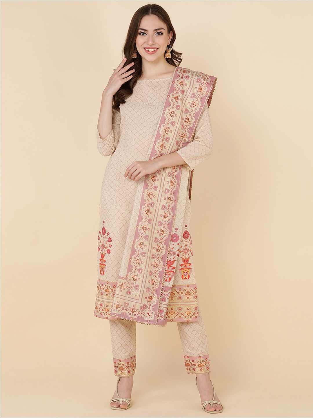 

HERE&NOW Women Beige Ethnic Motifs Printed Pure Cotton Kurta with Trousers & Dupatta