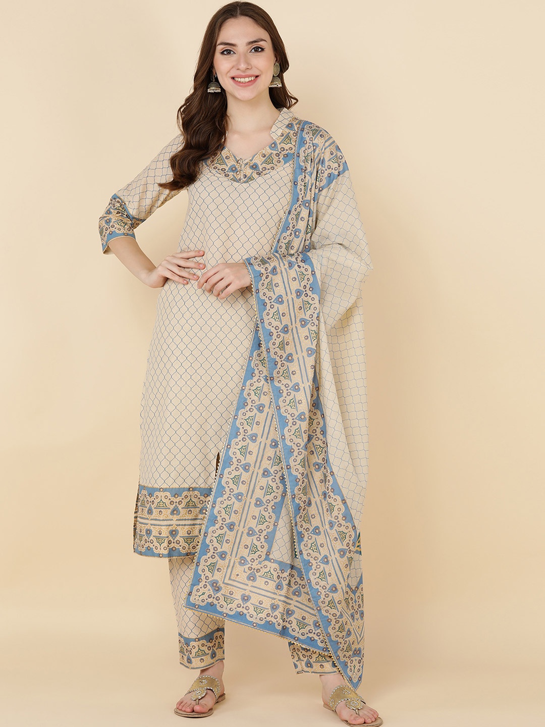 

HERE&NOW Women Beige Floral Printed Pure Cotton Kurta with Trousers & With Dupatta