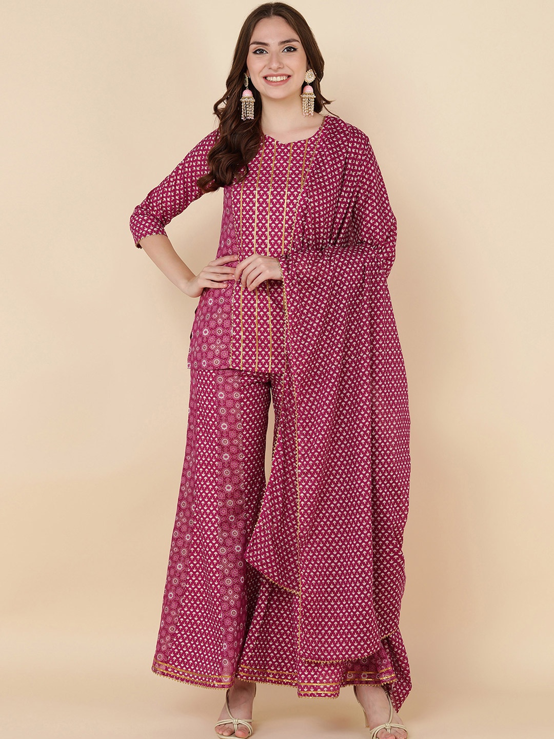 

HERE&NOW Women Magenta Printed Pure Cotton Kurta with Sharara & With Dupatta