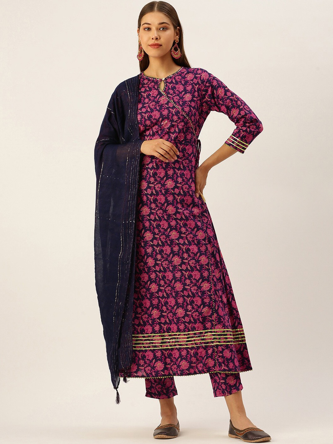 

HERE&NOW Women Pink Printed Pure Cotton Kurta with Trousers & With Dupatta