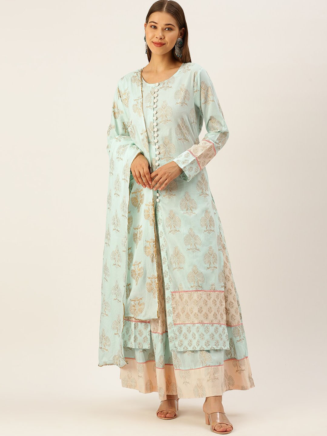 

HERE&NOW Women Ethnic Motifs Printed Pure Cotton Kurta with Trousers & With Dupatta, Blue