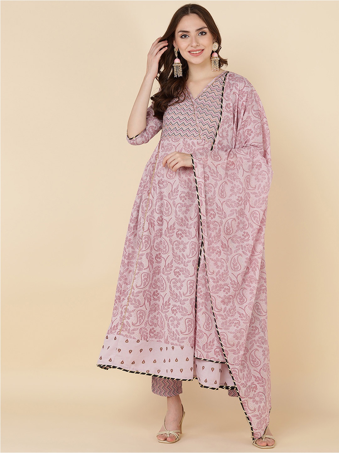 

HERE&NOW Women Pink Floral Embroidered Pure Cotton Kurta with Trousers & Dupatta