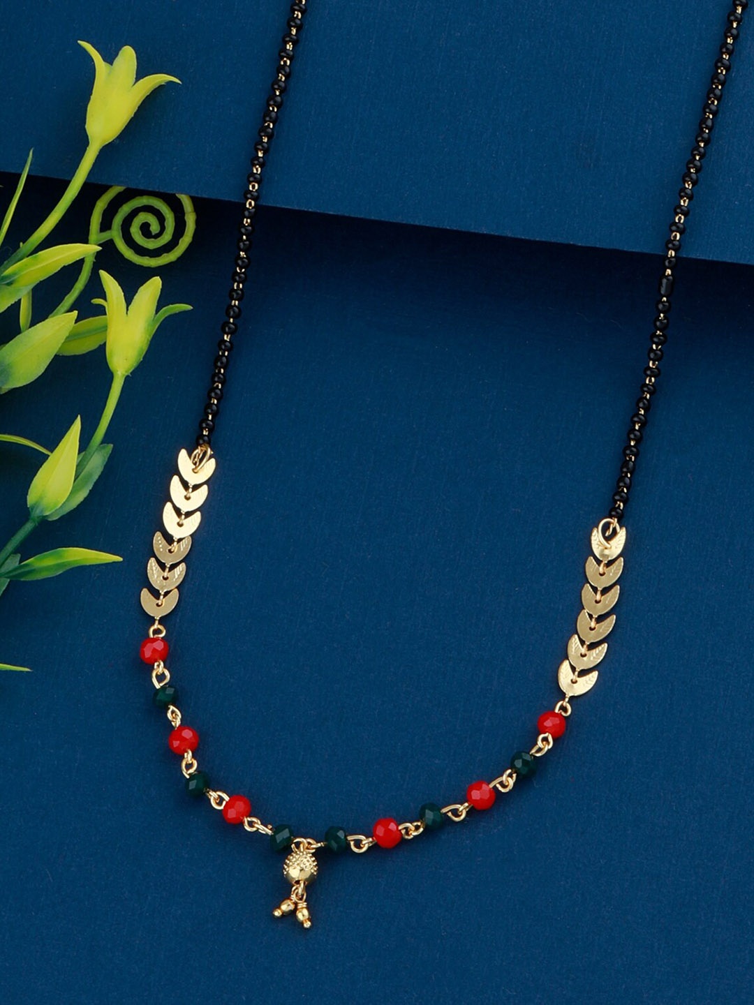 

Silver Shine Gold-Plated Black & Red Beaded Mangalsutra