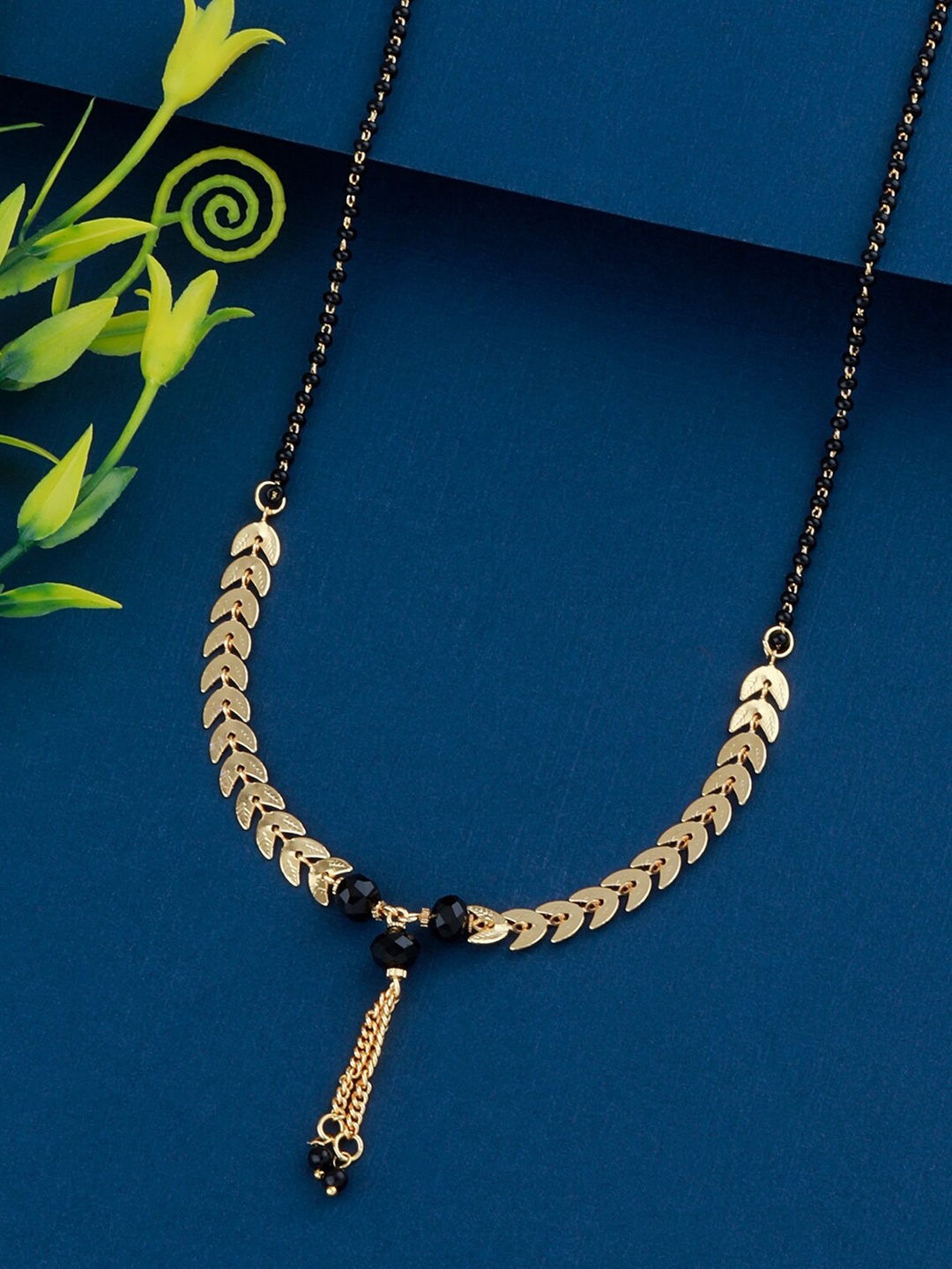 

Silver Shine Women Gold Plated Black Beaded Mangalsutra