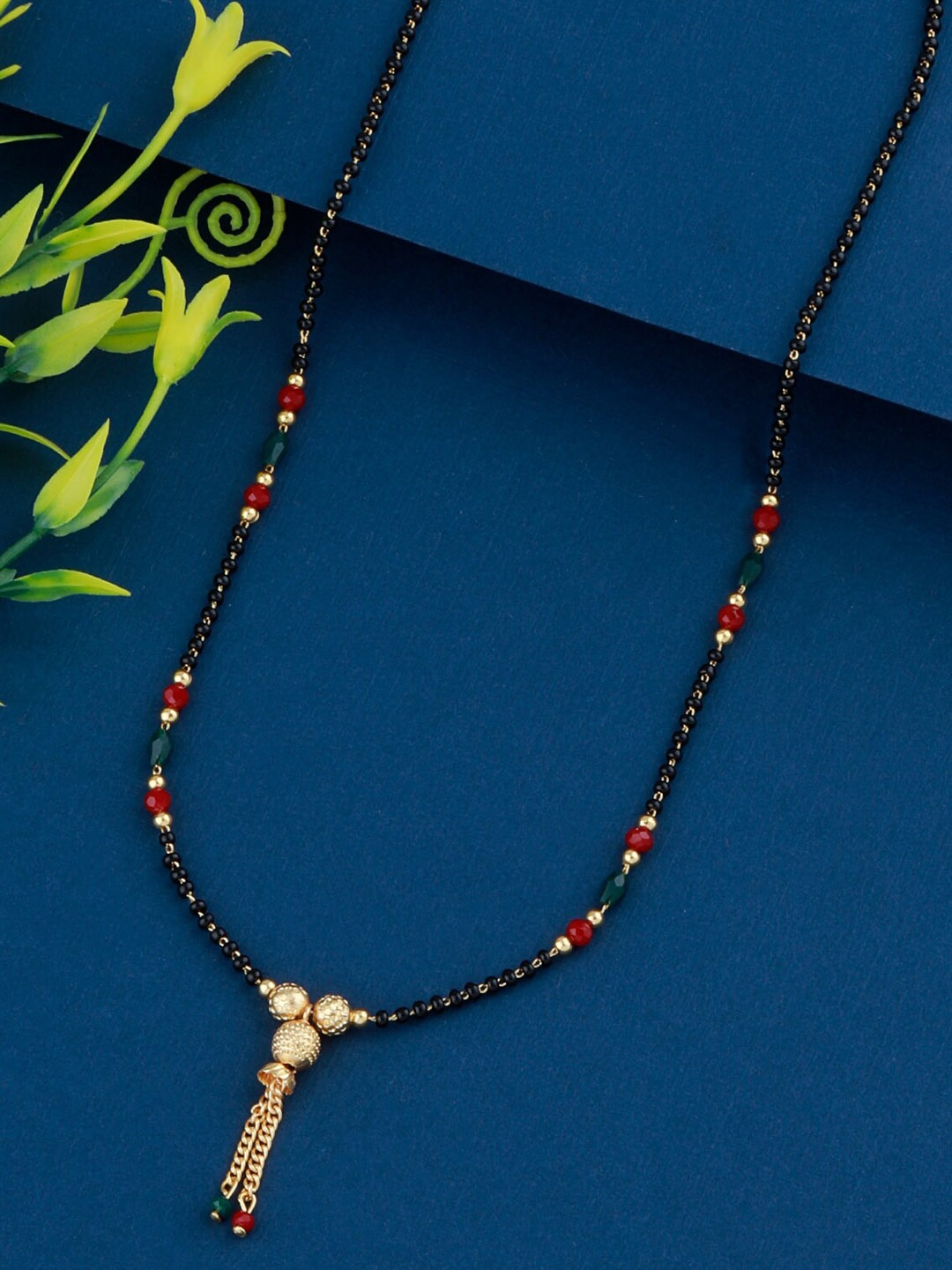 

Silver Shine Gold-Plated Red & Black Artificial Beads Studded Mangalsutra