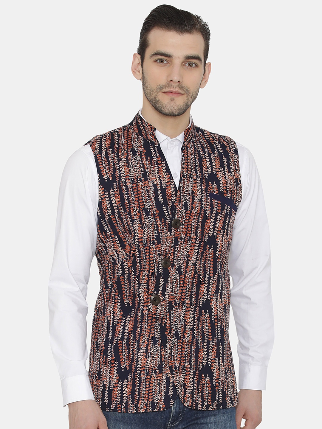 

Raas Men Blue Printed Nehru Jackets