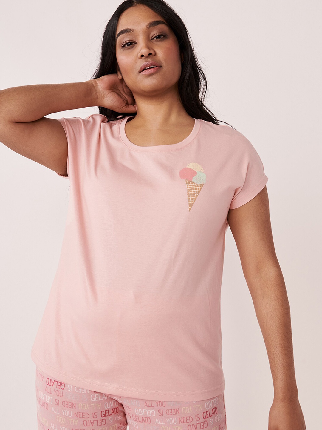 

La Vie en Rose Women Peach Solid Pure Cotton Lounge Tshirt