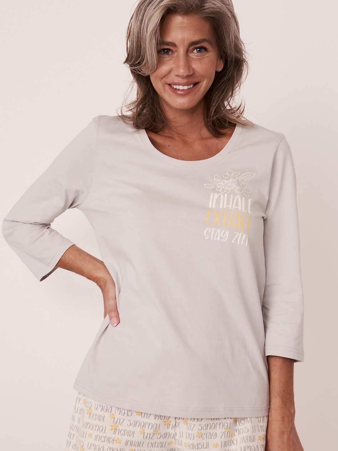 

La Vie en Rose Women Grey Printed Pure Cotton Lounge Tshirt