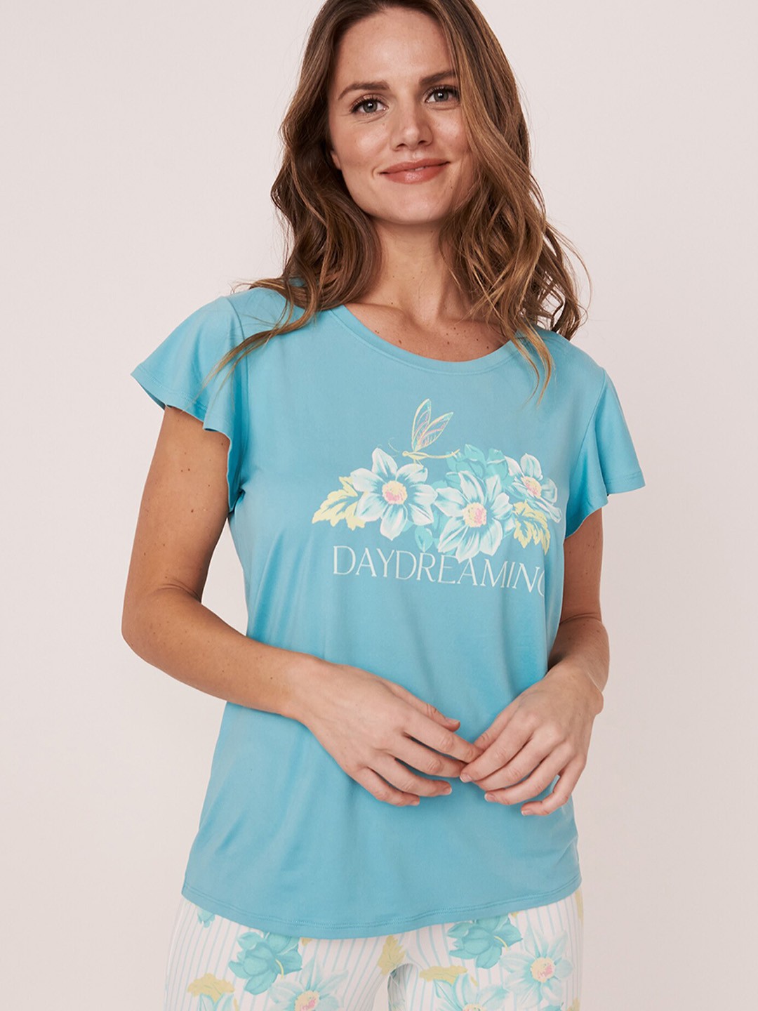 

La Vie en Rose Women Blue Printed Ruffle Lounge T-shirt