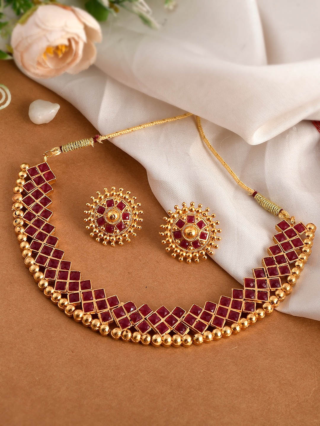 

Silvermerc Designs Women Gold-Plated Red CZ Stone-Studded Jewellery Set