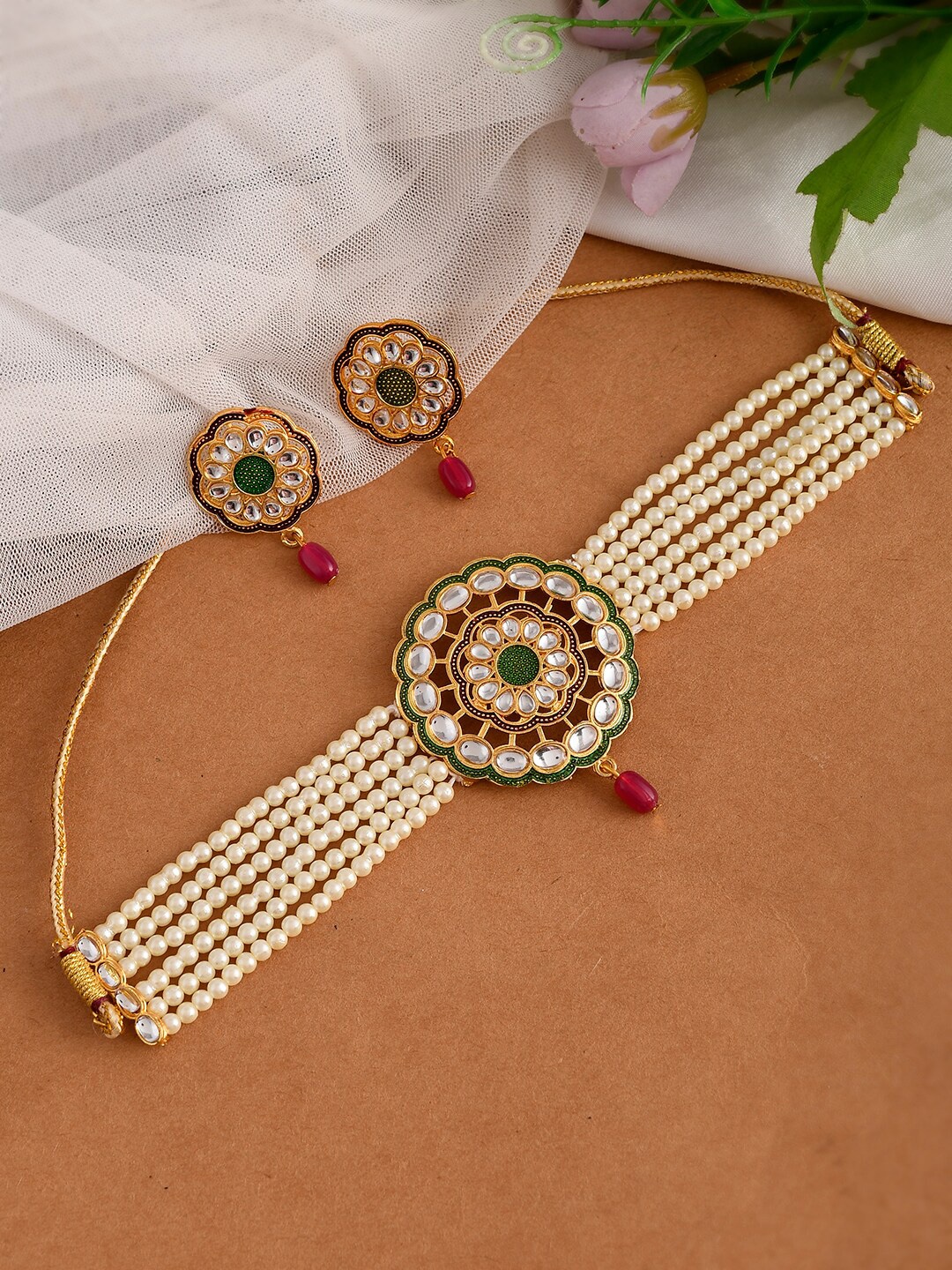 

Silvermerc Designs Gold-Plated Pink & Green Kundan Studded Jewellery Set