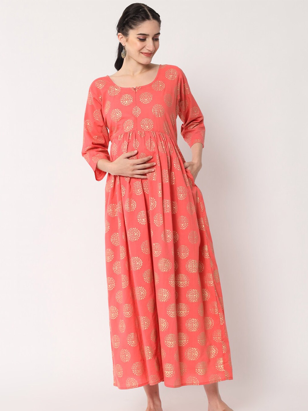 

Aujjessa Women Peach-Coloured Ethnic Motifs Maternity Cotton Maxi Midi Dress