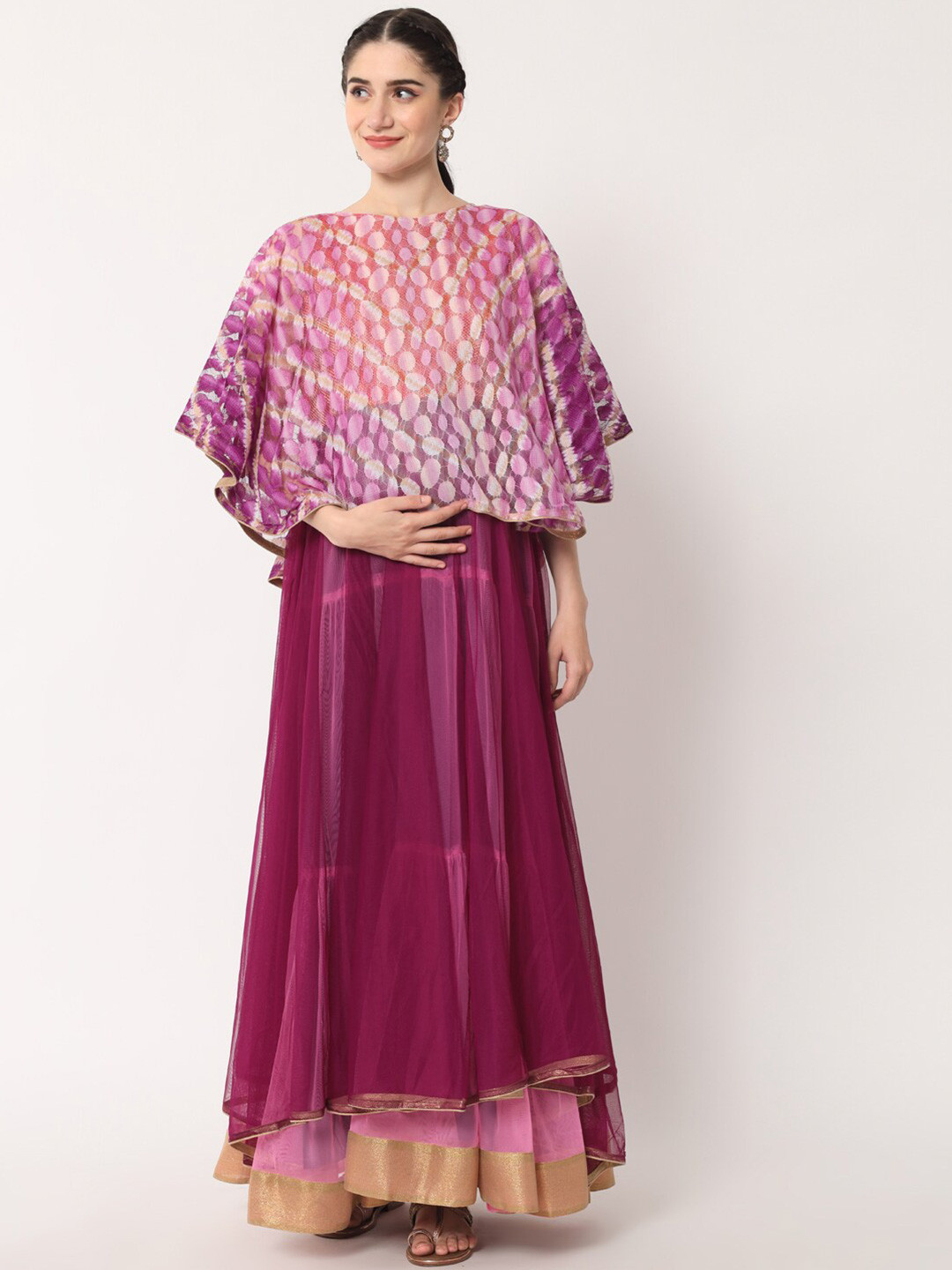 

Aujjessa Women Mauve & Purple Layered Net Maternity Maxi Dress