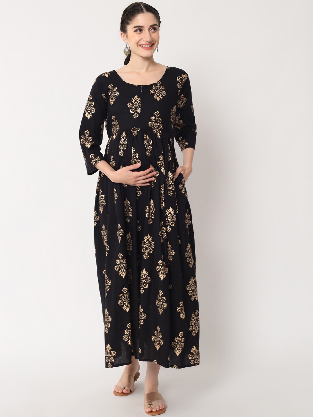 

Aujjessa Women Black & Gold Printed Cotton Maternity A-Line Dress