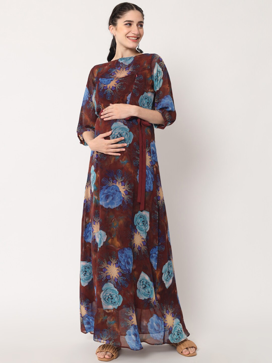 

Aujjessa Brown & Blue Floral Georgette Maternity Feeding Dress