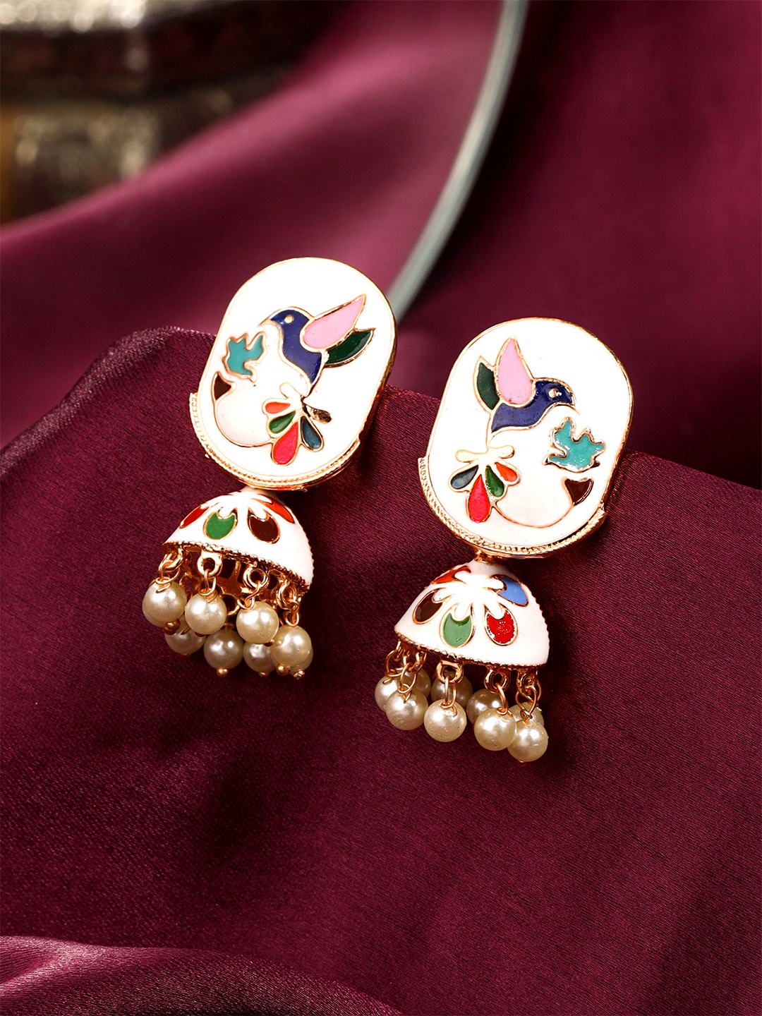 

Yellow Chimes Gold-Plated & White Enameled Meenakari Jhumka Earrings