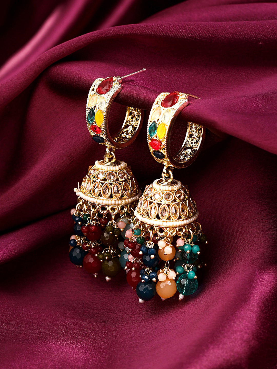 

Yellow Chimes Gold-Plated Beaded Contemporary Jhumkas Earrings