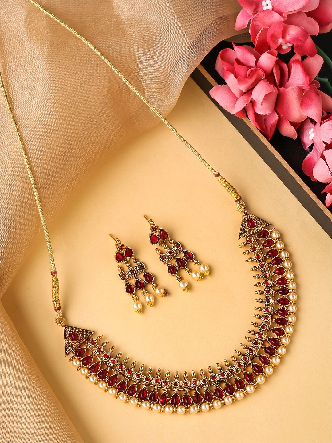 

Yellow Chimes Gold-Plated Pink Stone-Studded & Moti Beaded Choker Jewellery Set