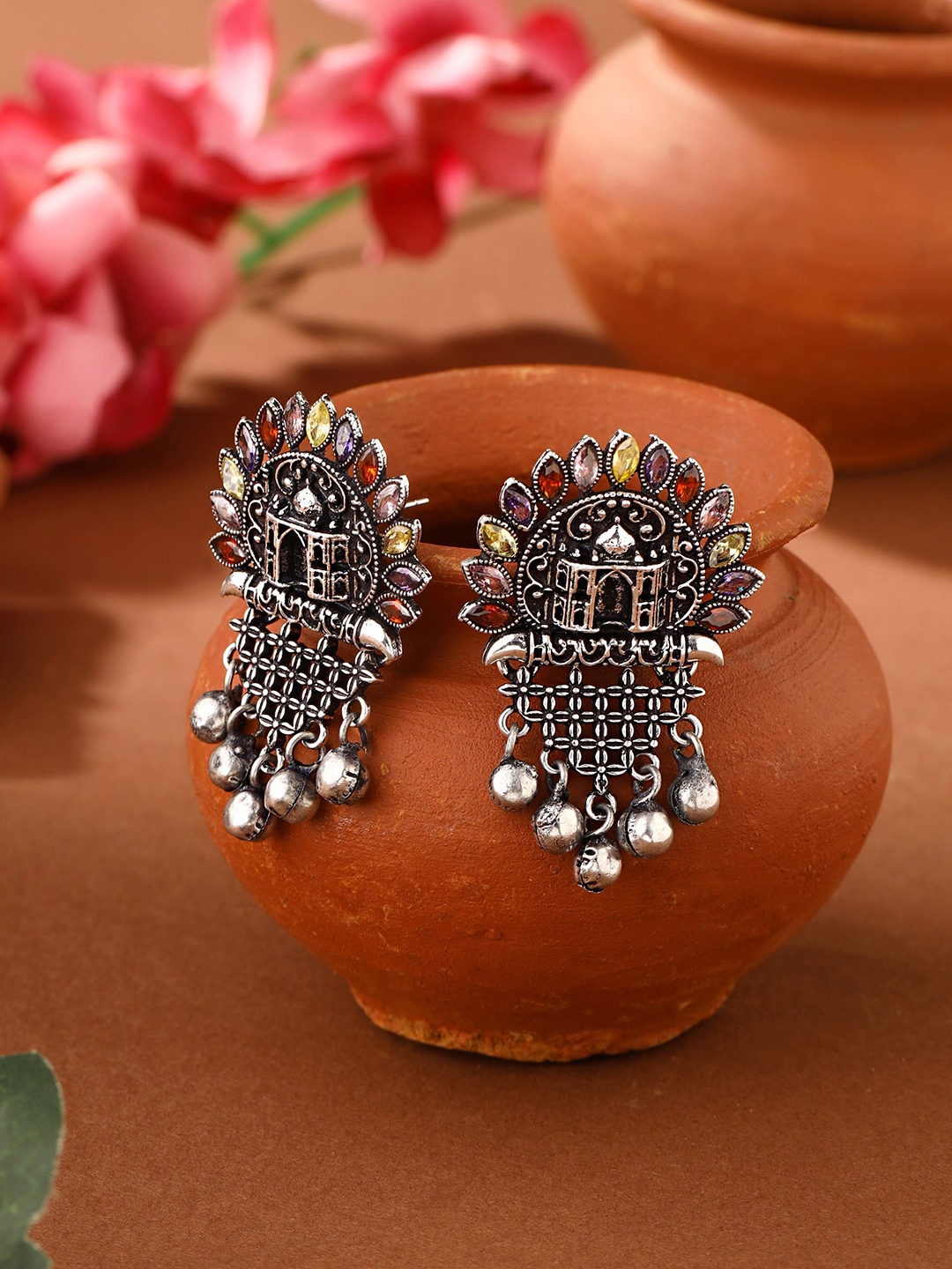 

Yellow Chimes Women Silver-Toned Oxidised Stone and Ghungroo Studded Drop Earrings