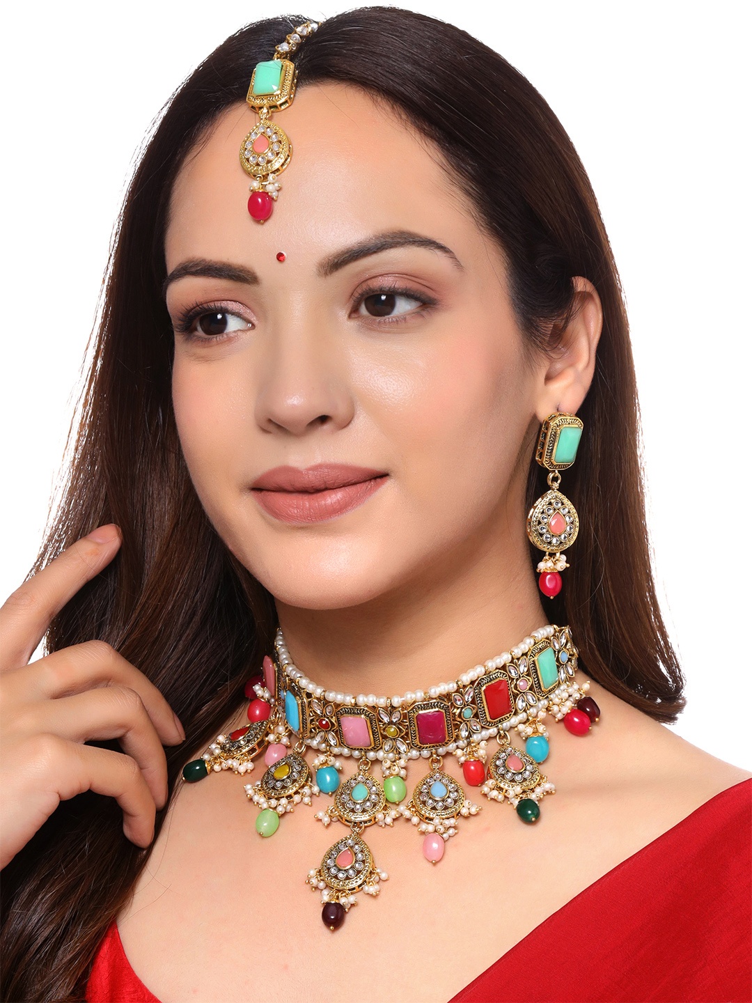 

Yellow Chimes Gold-Plated Stone & Beaded Jewellery Set with Maangtikka